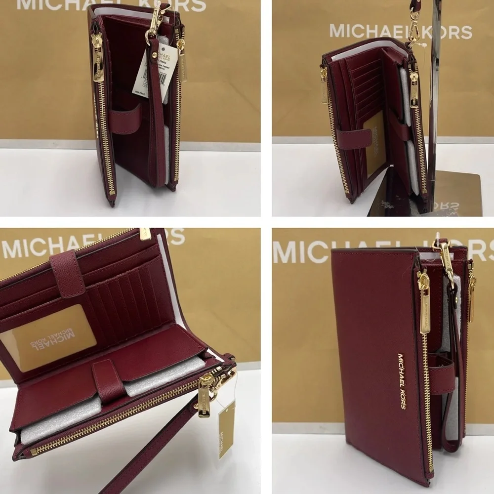 MICHAEL KORS LG DOUBLE ZIP WRISTLET MERLOT DARK CHERRY MULBERRY PHONE HOLDER NWT